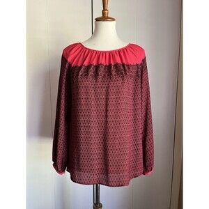 Ann Taylor LOFT Women’s Blouse S Red Black Print Long Sleeve Sheer Pullover EUC